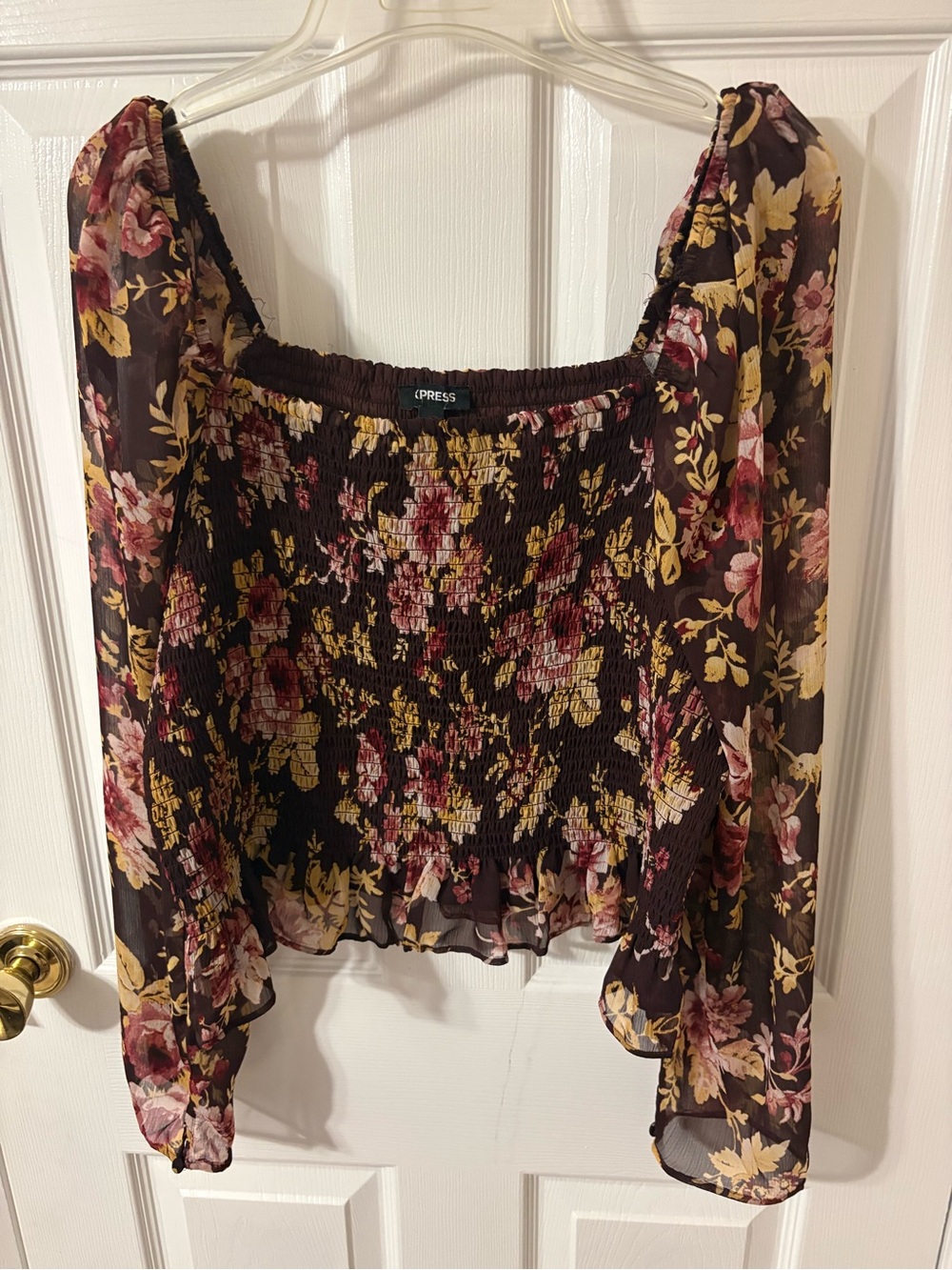Express burgandy Floral Smocked Peasant Blouse with Sheer Long Sleeves